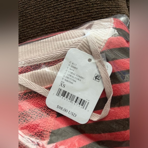 NWT FREE PEOPLE WE THE FREE Classic Striped Oversized Crewneck In Coral Combo XS - Picture 7 of 8